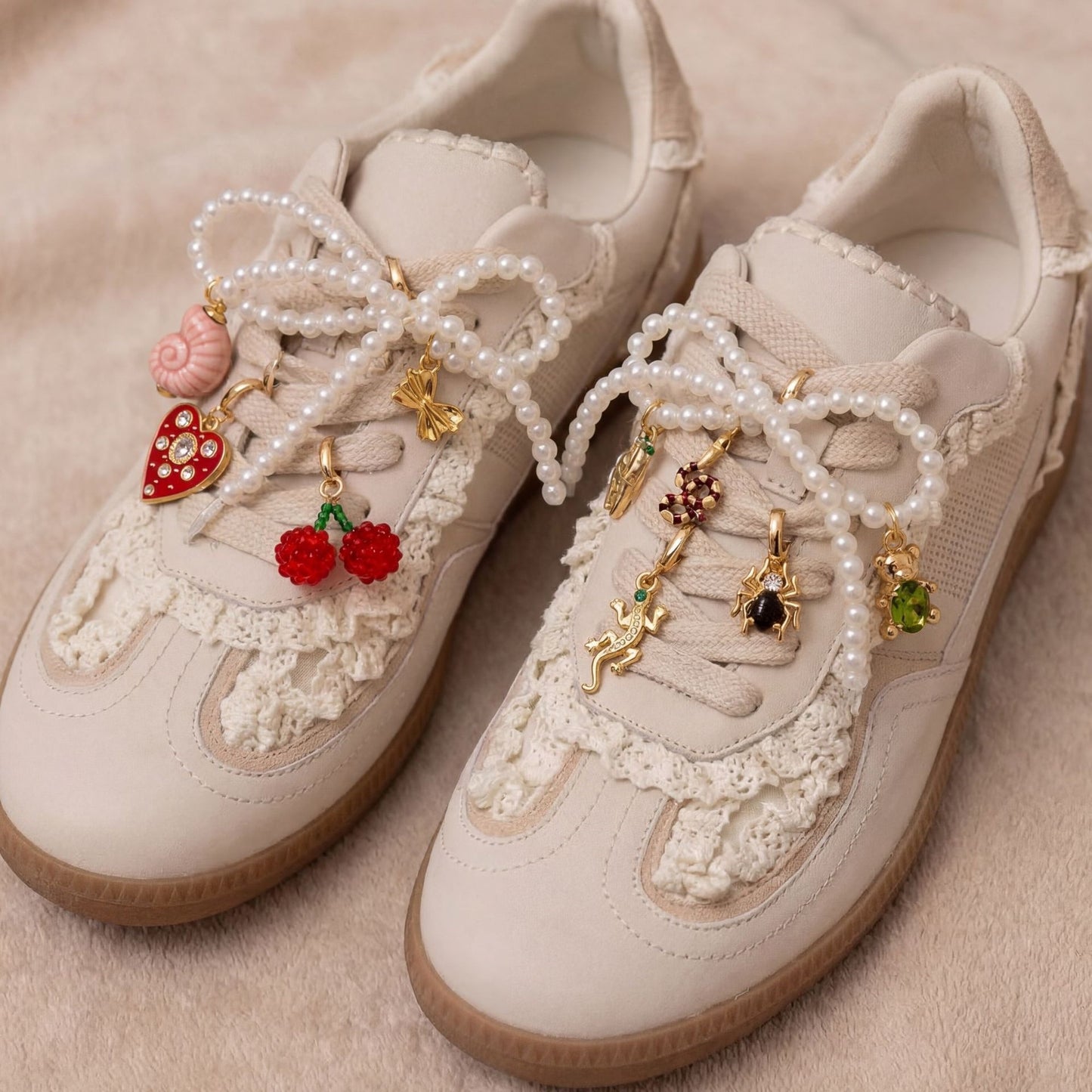 Sweet Vintage Heart Teardrop Cherry Pearl Lace Trim Brass Plated Shoe Charm Pendant