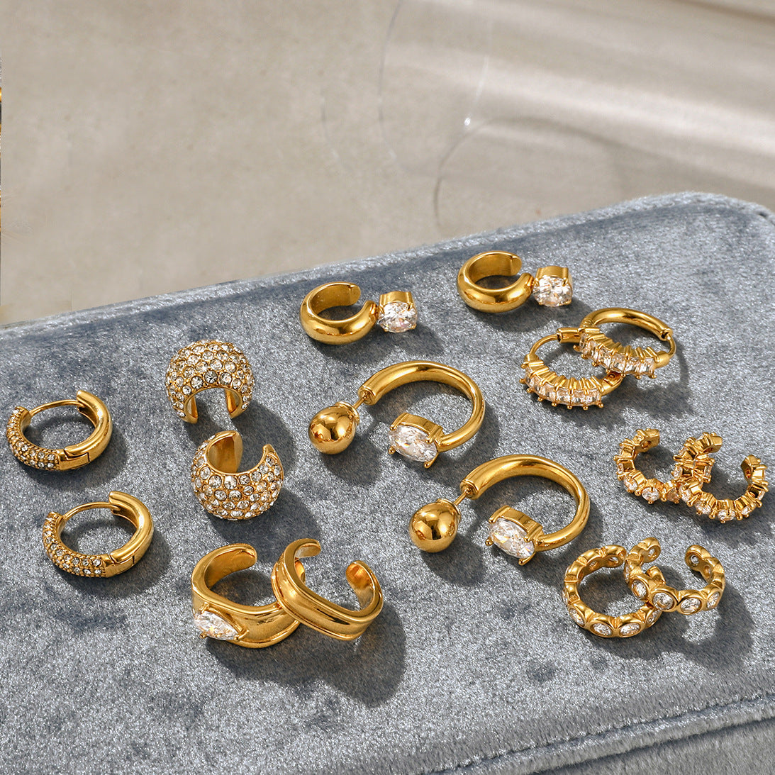 Pendientes de clip de acero inoxidable geométricos con pedrería para mujer, joyería de moda de lujo galvanizada
