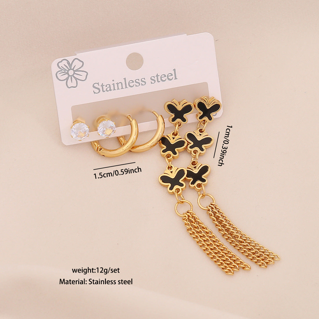Fashionable OL Style Heart-Shaped Titanium Steel Earrings Set with Electroplated Finish and Floral Six-Petal Flower Design for Women