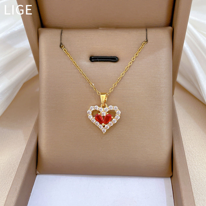 Sweet Minimalist Red Heart Geometric Rhinestone Brass Pendant Titanium Steel Necklace for Women and Men