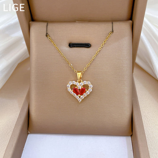 Sweet Minimalist Red Heart Geometric Rhinestone Brass Pendant Titanium Steel Necklace for Women and Men