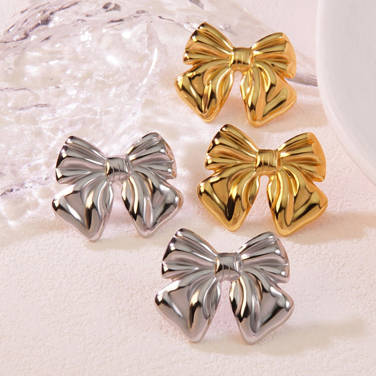 Minimalist Sweet Gold Plated Stainless Steel Bow Earrings for Women