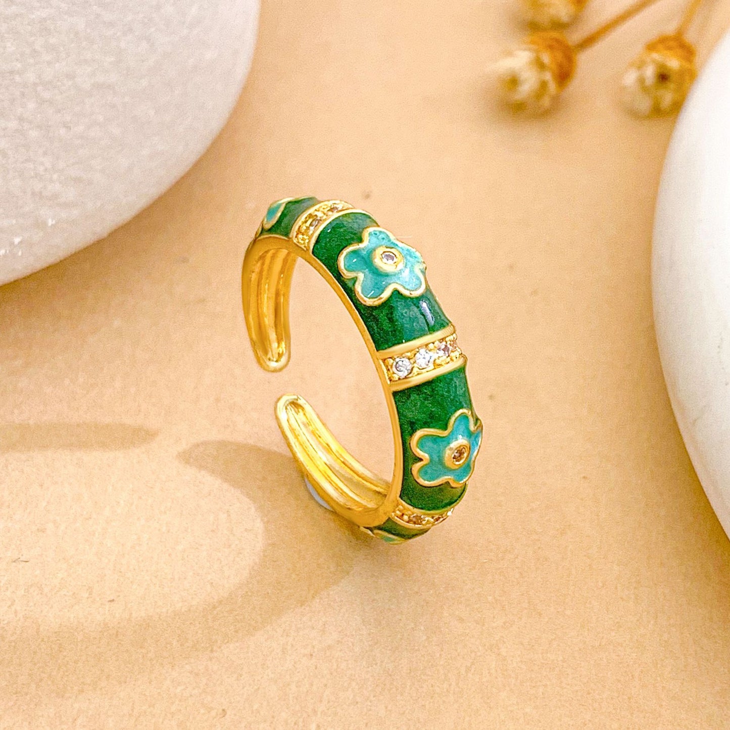 Sweet Floral Enamel Drip Oil Brass Ring with Cubic Zirconia Inlay 18K Gold Plated Adjustable for Women