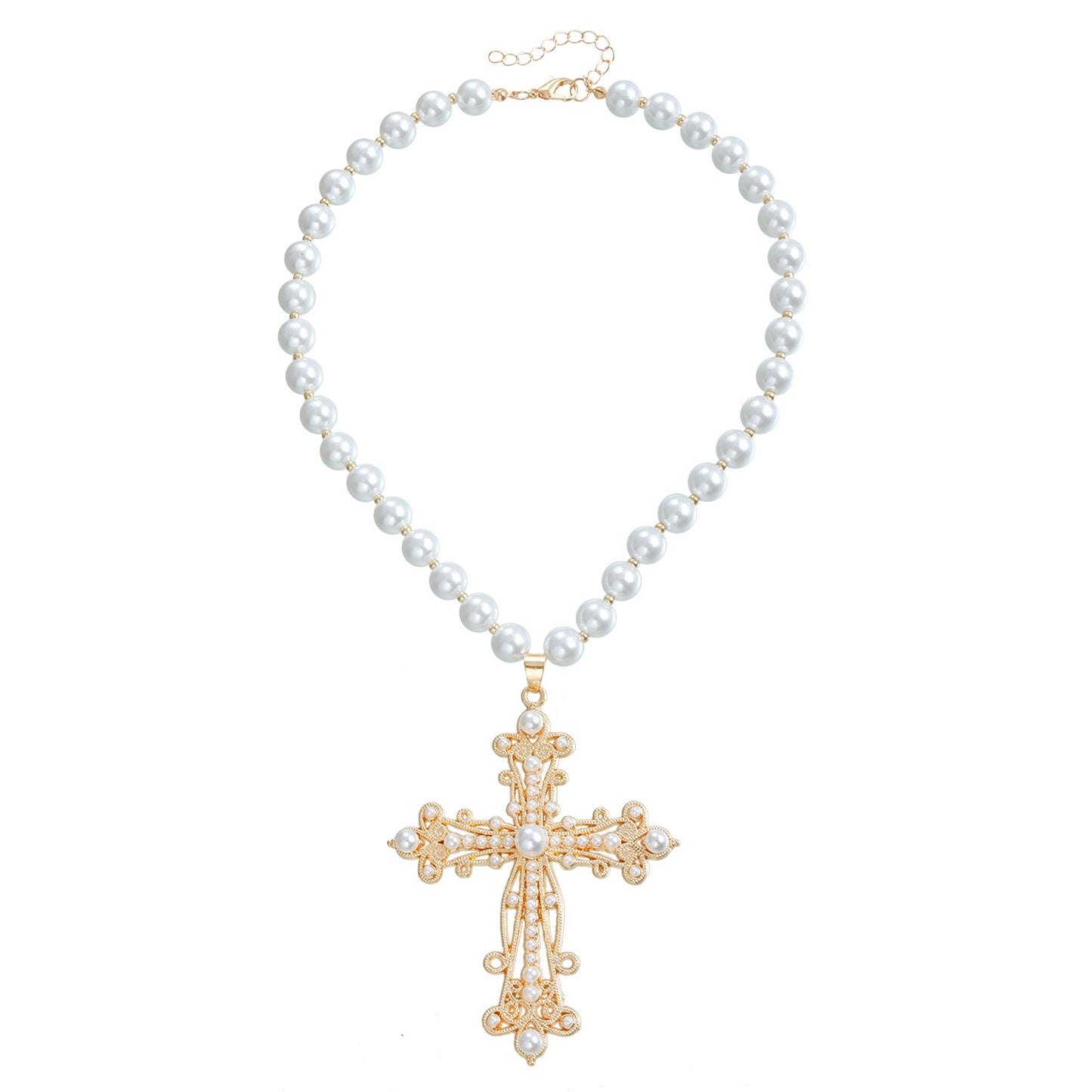 Fashionable Cross Pendant Necklace for Women with Alloy Construction Electroplated Finish and Delicate Pearl Inlay