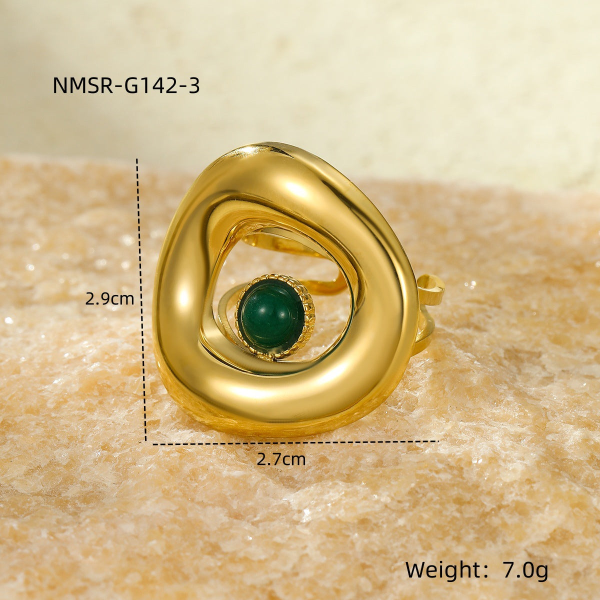Anillo minimalista de acero de titanio geométrico con baño de oro de 18 quilates e incrustaciones de piedra natural para mujer