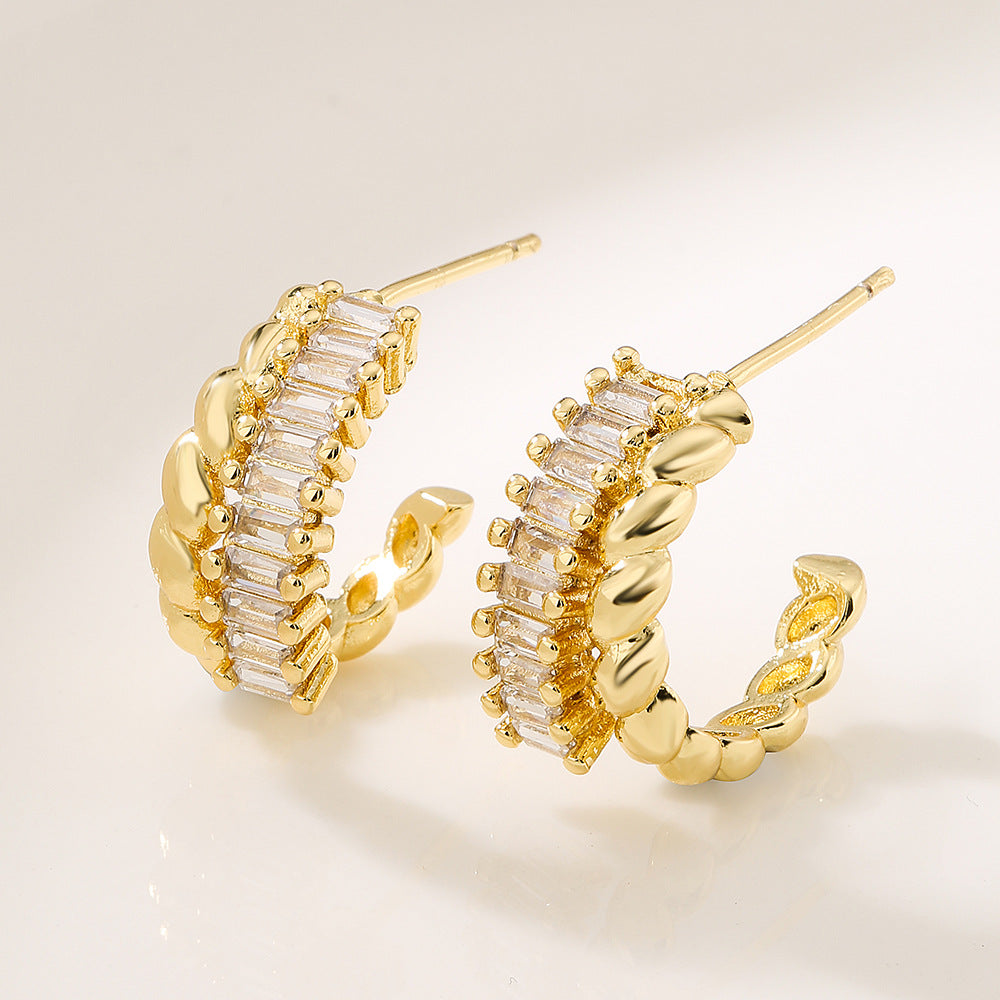 Geometric C-Shaped Copper Earrings with 18K Gold Plating and Micro-Paved Zirconia for Women