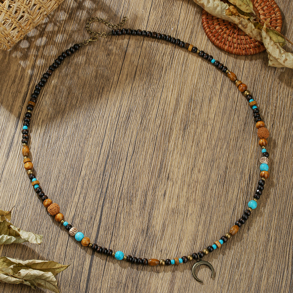 Vintage Geometric Moon Wood Bead Faux Turquoise Alloy Pendant Cable Chain Necklace for Unisex