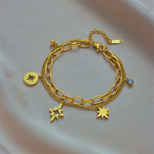 Vintage Style Hollow Hexagram Rhinestone Double Layer Titanium Steel Bracelet for Women