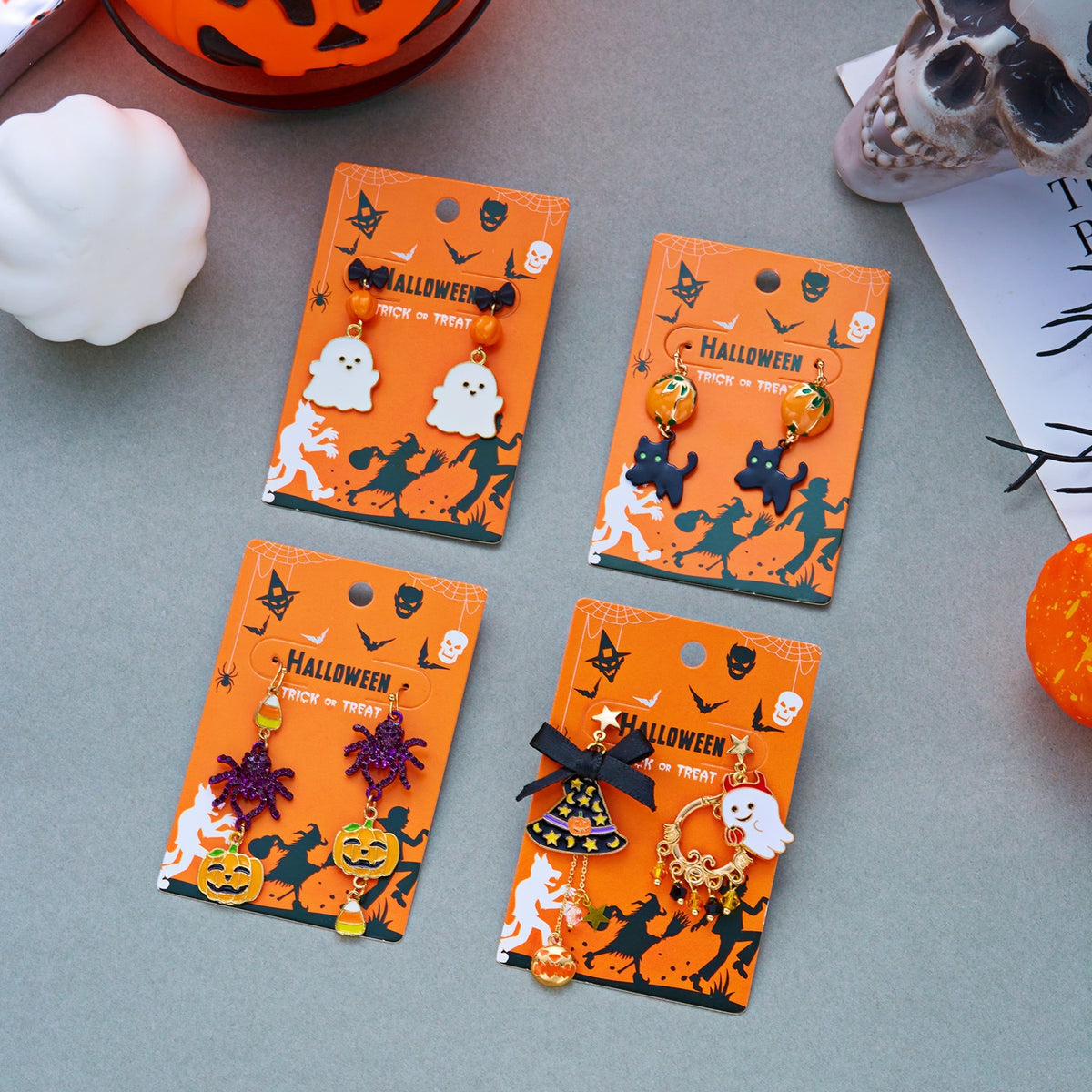 Punk Plated Alloy Cartoon Pumpkin Black Cat Smile Earrings for Women
