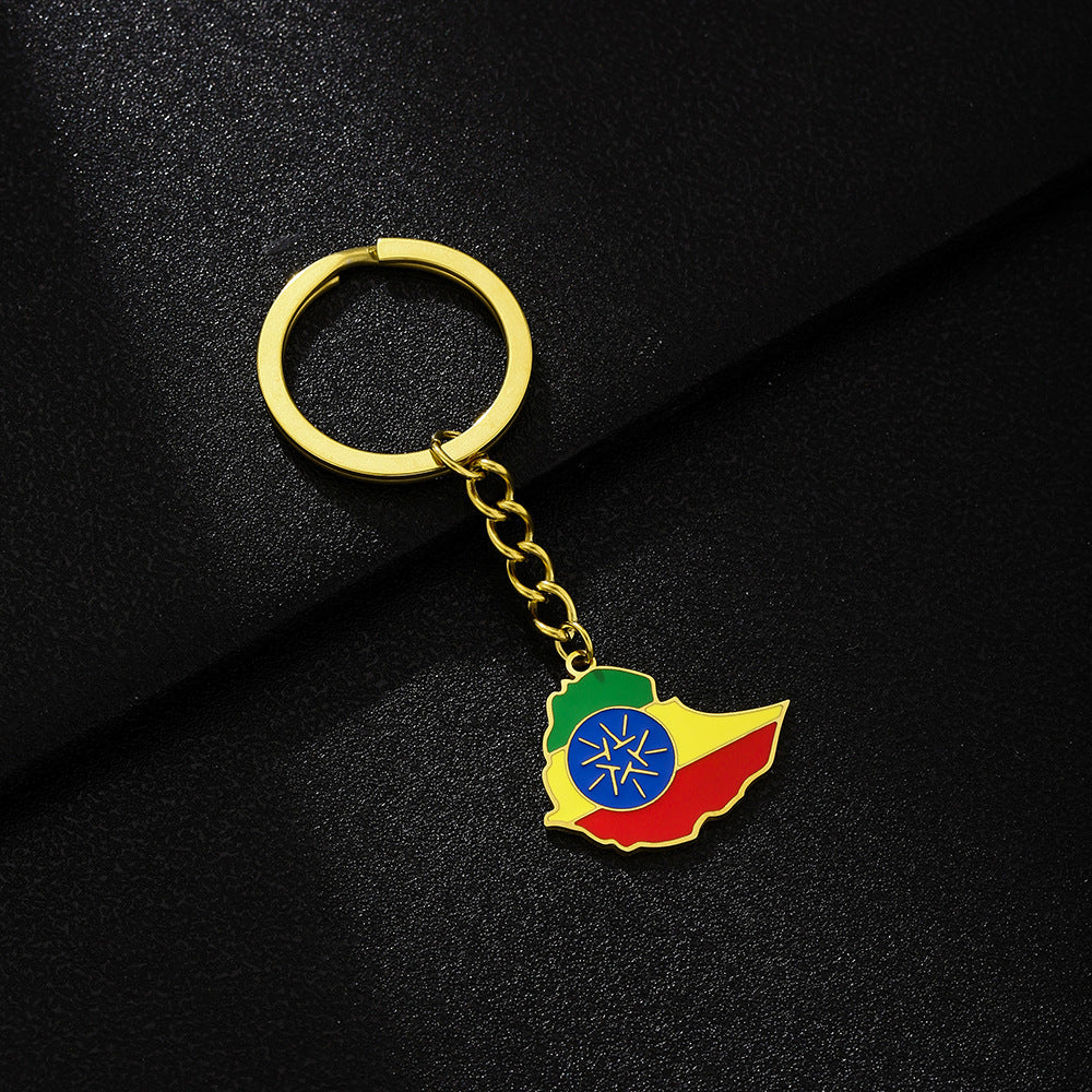 Llavero con la bandera de Etiopía en acero de titanio con diseño étnico, accesorio unisex