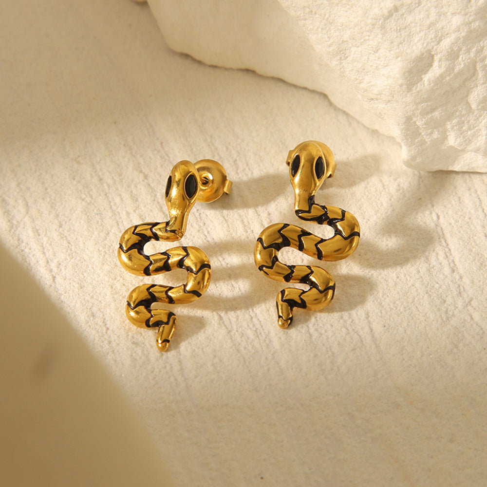 Fashionable Geometric Snake Stud Earrings 18K Gold Plated Stainless Steel for Women
