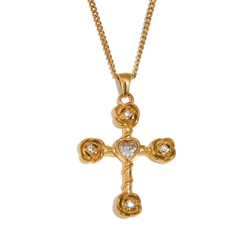 Collana con Pendente a Croce da Donna Stile Vintage in Acciaio Inossidabile con Placcatura in Oro 18K e Strass Bianchi