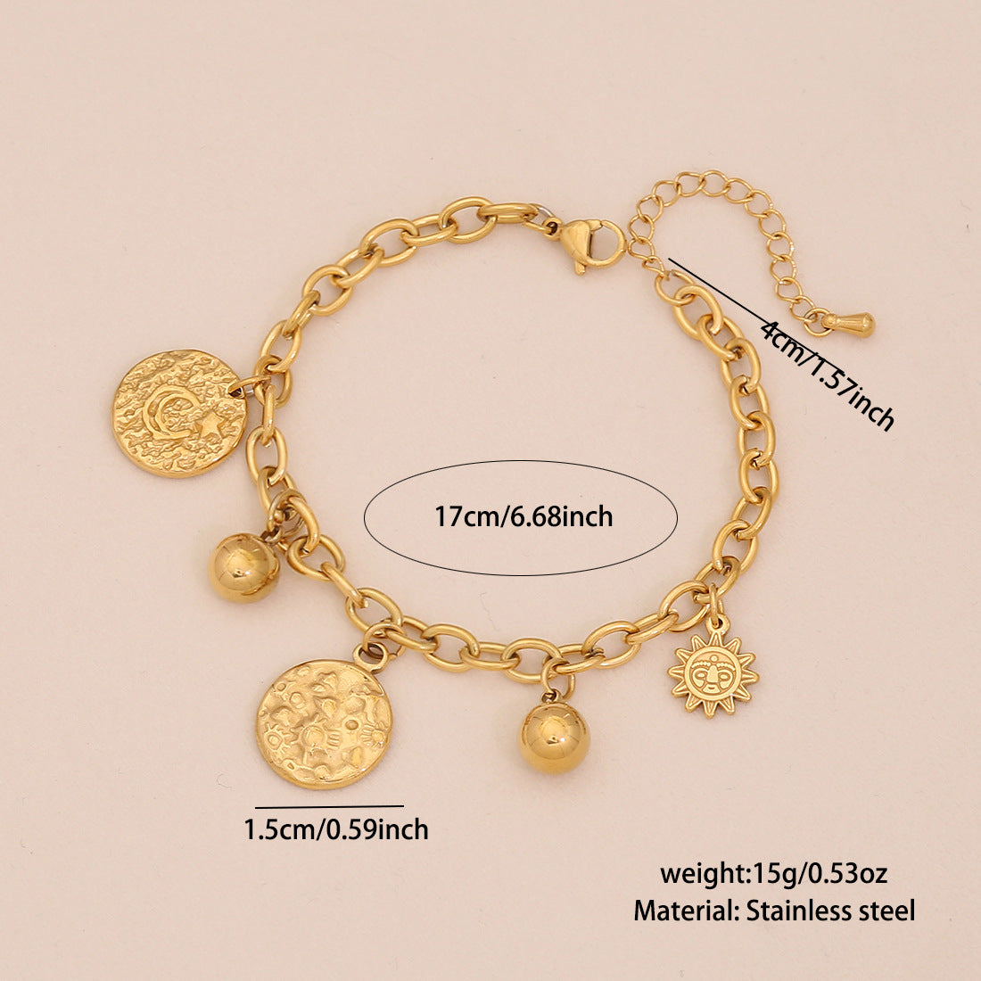 Bracciale in acciaio inossidabile a stella e luna geometriche con finitura galvanica da donna