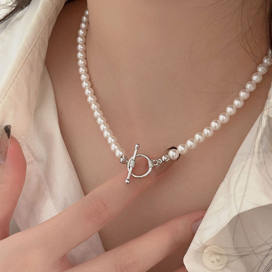 Elegante collar de plata esterlina 925 con cristal redondo geométrico y perla para mujer