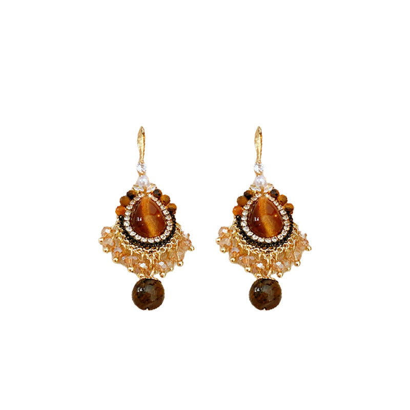 Orecchini Geometrici Vintage Chic con Intarsio in Zirconia Cubica, Base in Lega e Ganci in Acciaio Inossidabile, con Accenti in Pietra di Vetro Tonda e Ovale Effetto Perla