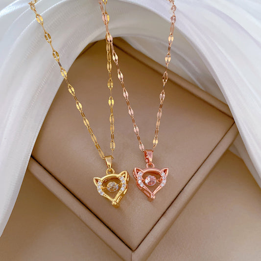 Bonito Collar Minimalista de Acero de Titanio con Forma de Zorro y Incrustaciones de Pedrería para Mujer, Delicada Cadena de Clavícula