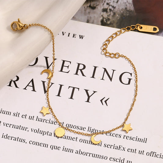 Bracciale Minimalista con Ciondolo a Stella e Luna da Donna in Acciaio Inossidabile con Placcatura in Oro 18K