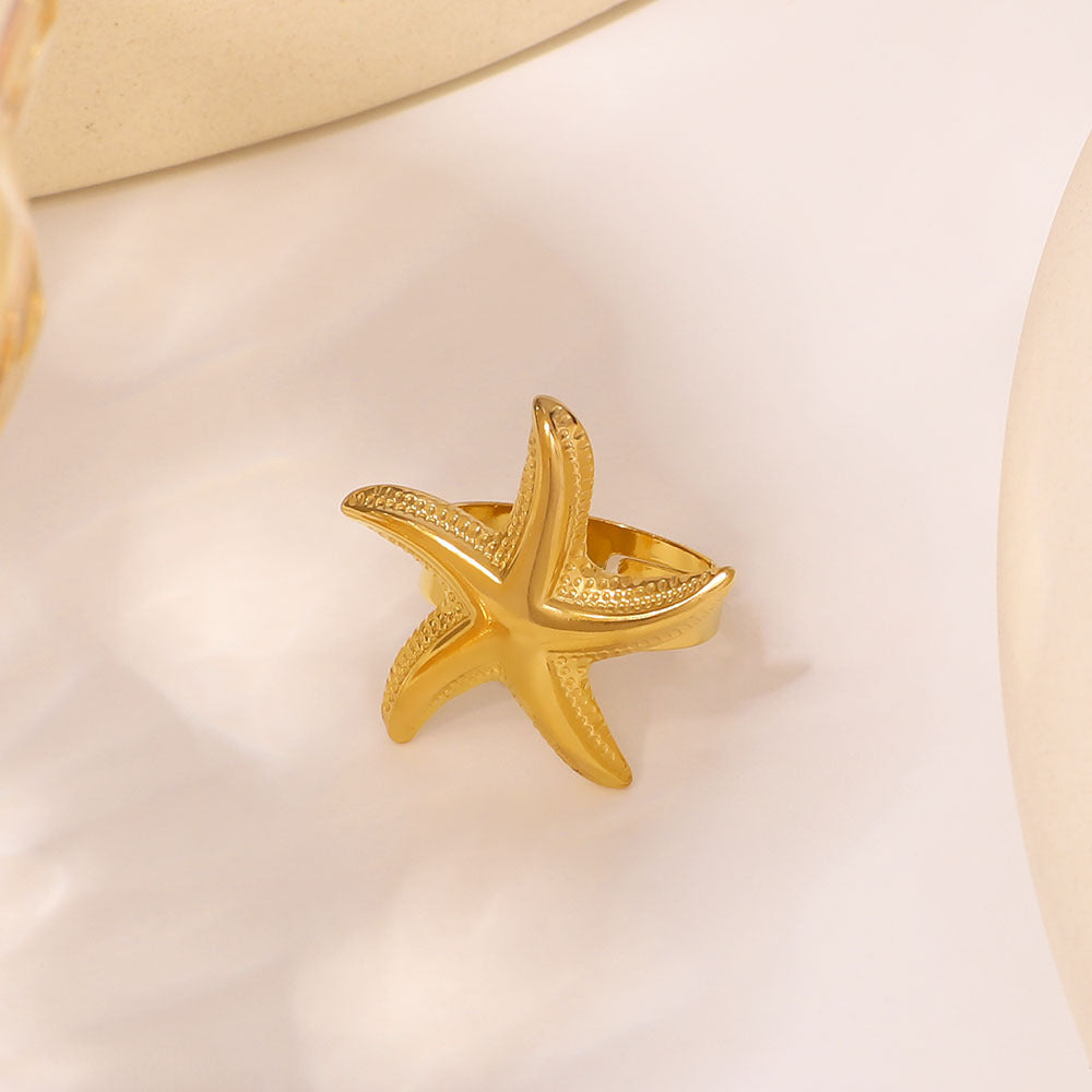 Anello Aperto da Donna a Tema Oceano Spiaggia Stella Marina Stile Ins in Acciaio Inossidabile con Placcatura in Oro 18K