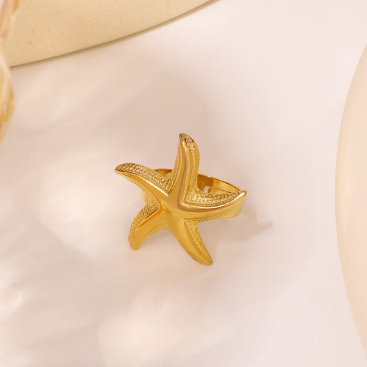 Ins Style Starfish Beach Ocean Theme Stainless Steel Open Ring with 18K Gold Plating for Women