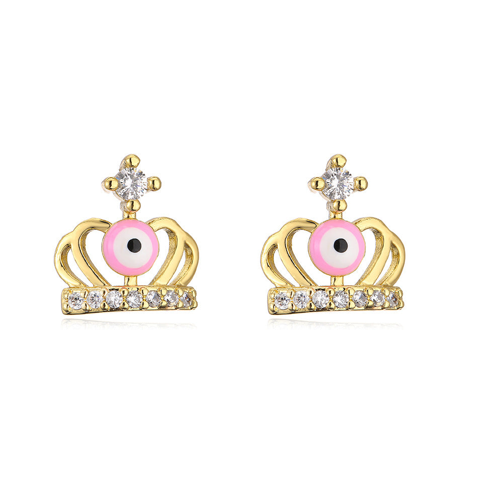 Orecchini a perno con corona geometrica personalizzata stile Ins, in rame con micro-pavé di zirconi e placcatura in oro 18K da donna