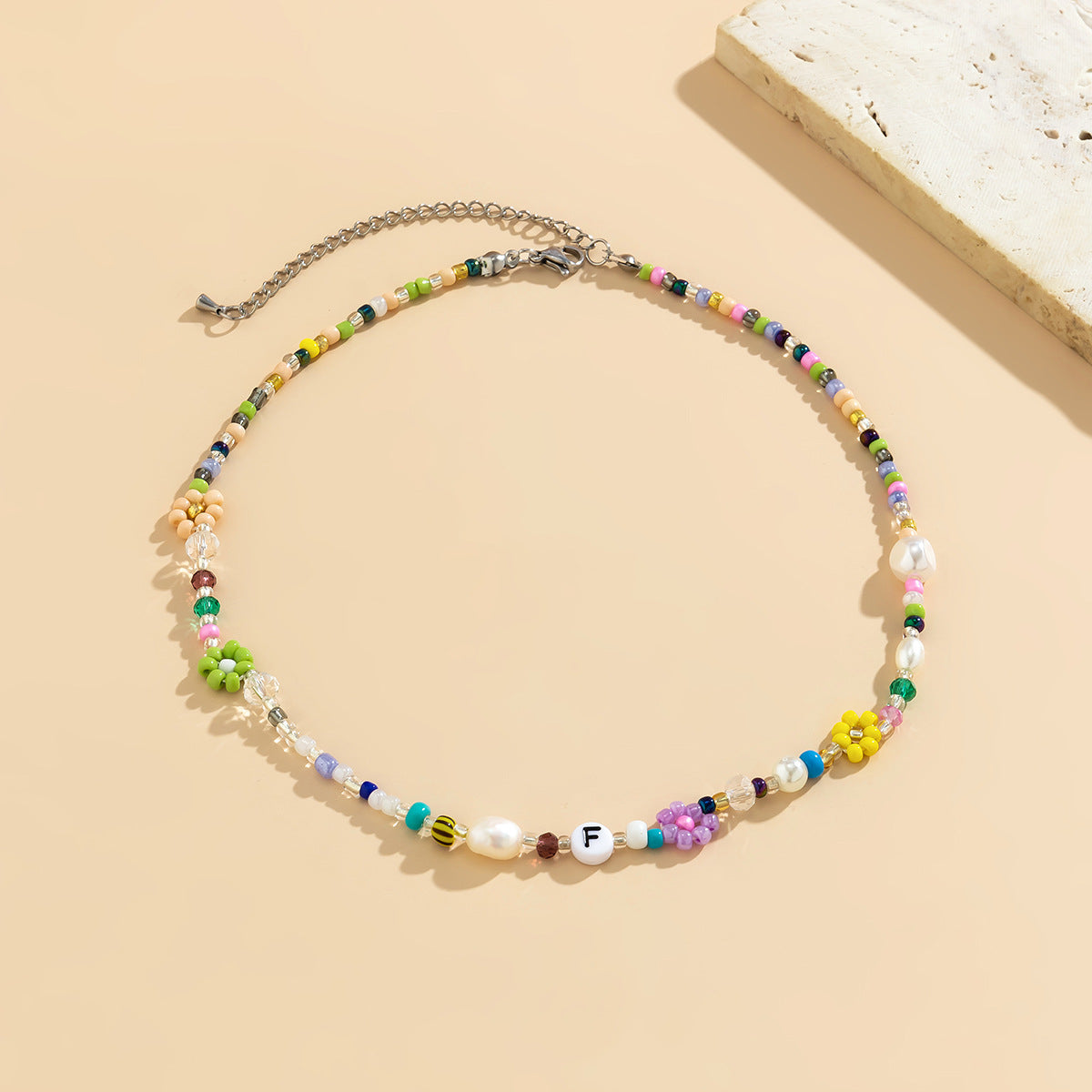 Sweet Floral Resin Beaded Ball Chain Choker Necklace for Women