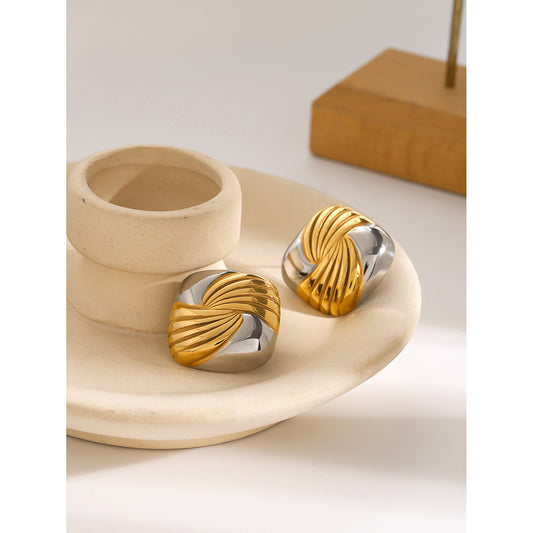 Luxury 18K Gold Plated Square Geometric Stainless Steel Two-Tone Screw Thread Earrings