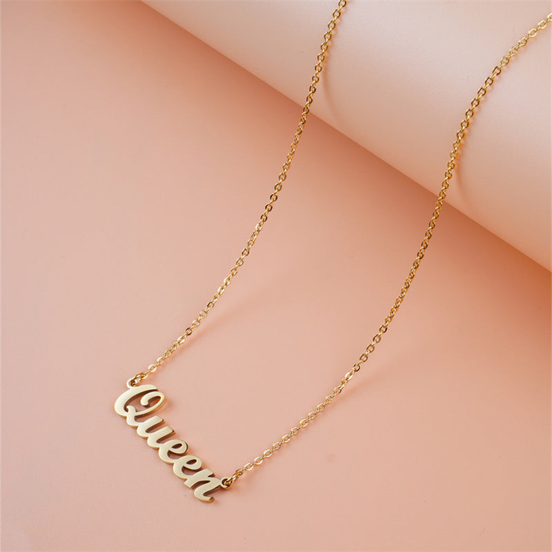 Natural Fresh and Sweet Stainless Steel Queen Letter Pendant Necklace with Plated Finish for Women