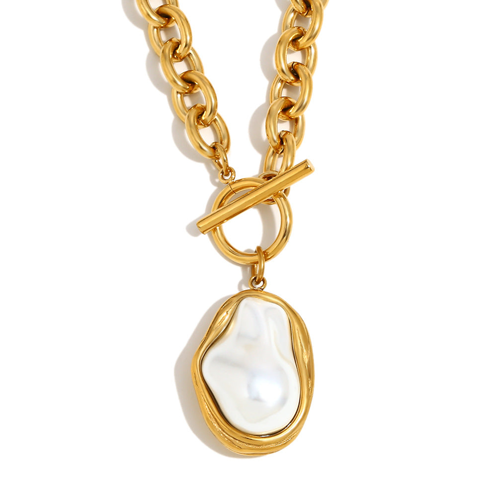 Collana vintage con pendente a perla barocca in acciaio inossidabile placcato oro 18 carati con design geometrico per donna