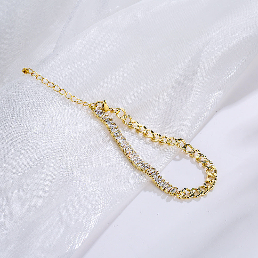 Geometric Copper Bracelet with 18K Gold Plating and Cubic Zirconia for Women, Minimalist Ins-Inspired Statement Jewelry