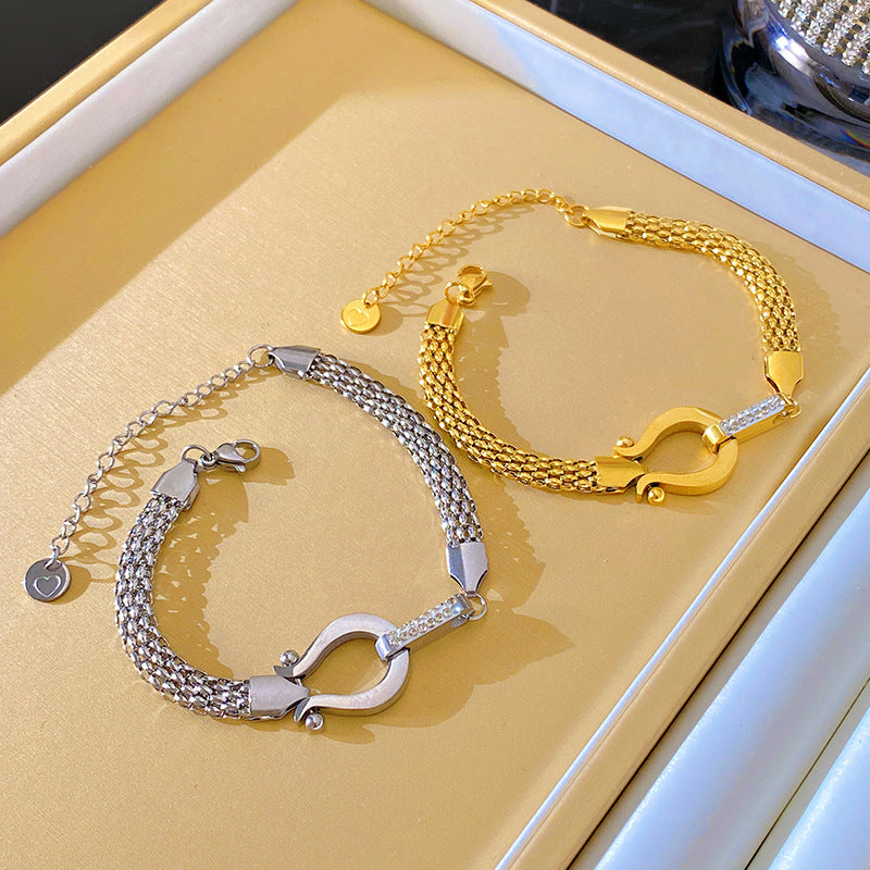 Vintage Micro-paved Diamond Horseshoe Braided Titanium Steel Bracelet