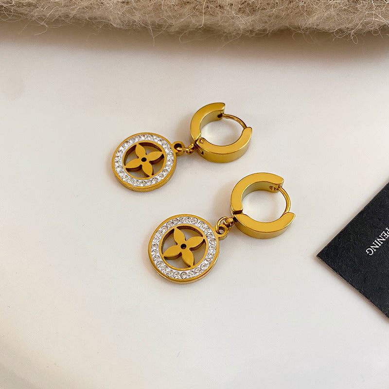 Gold Plated Titanium Steel Micro-Pave Diamond Hollow Round Geometric Necklace and Earring Set