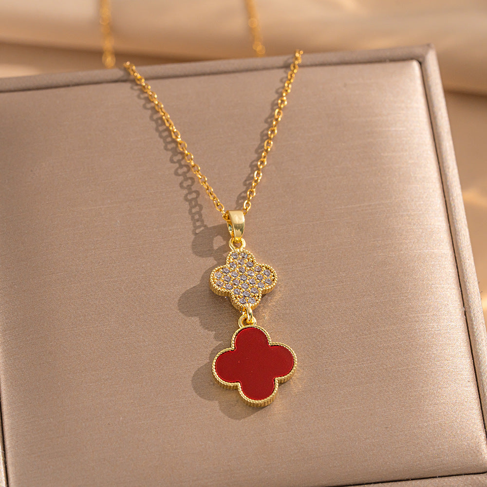 Minimalist Geometric Four-Leaf Clover Pendant Necklace for Women in Titanium Steel with Electroplated Finish