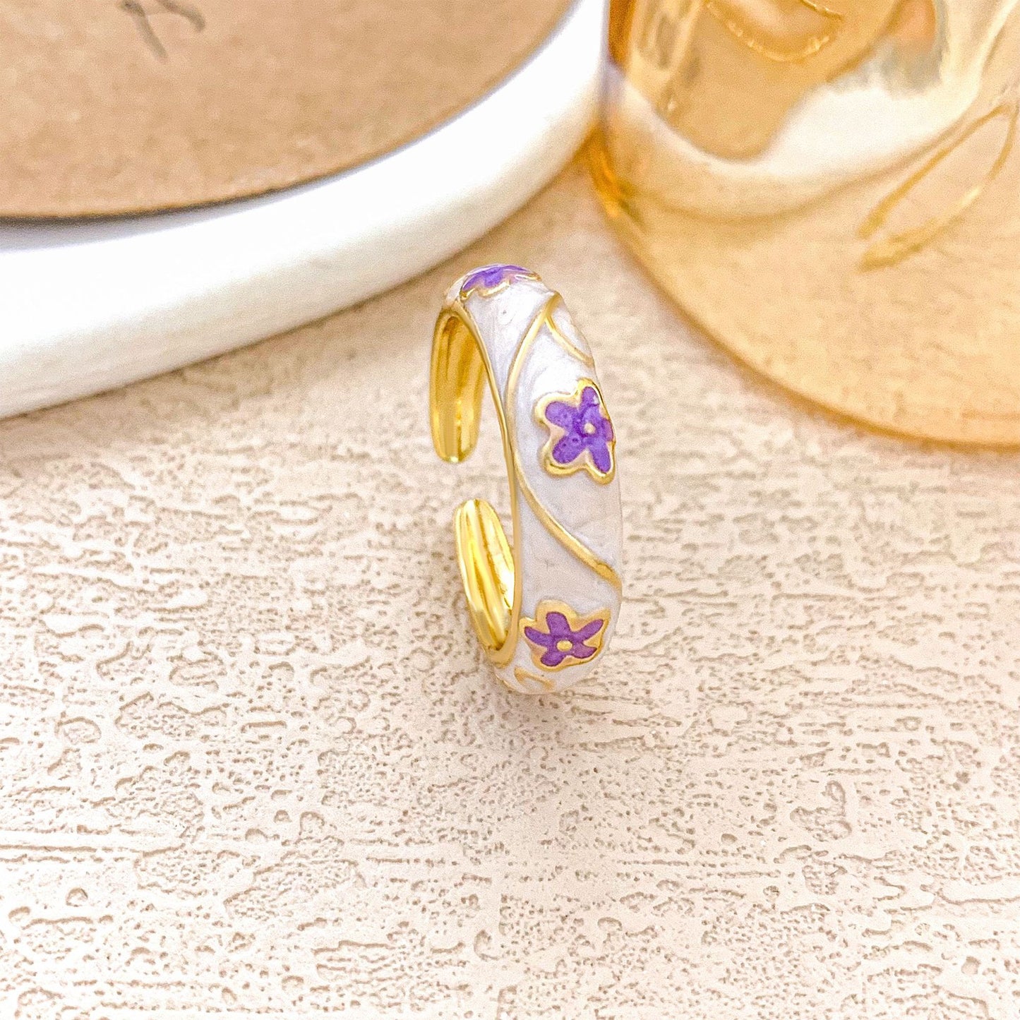 Sweet Floral Enamel Plated Alloy Ring for Women