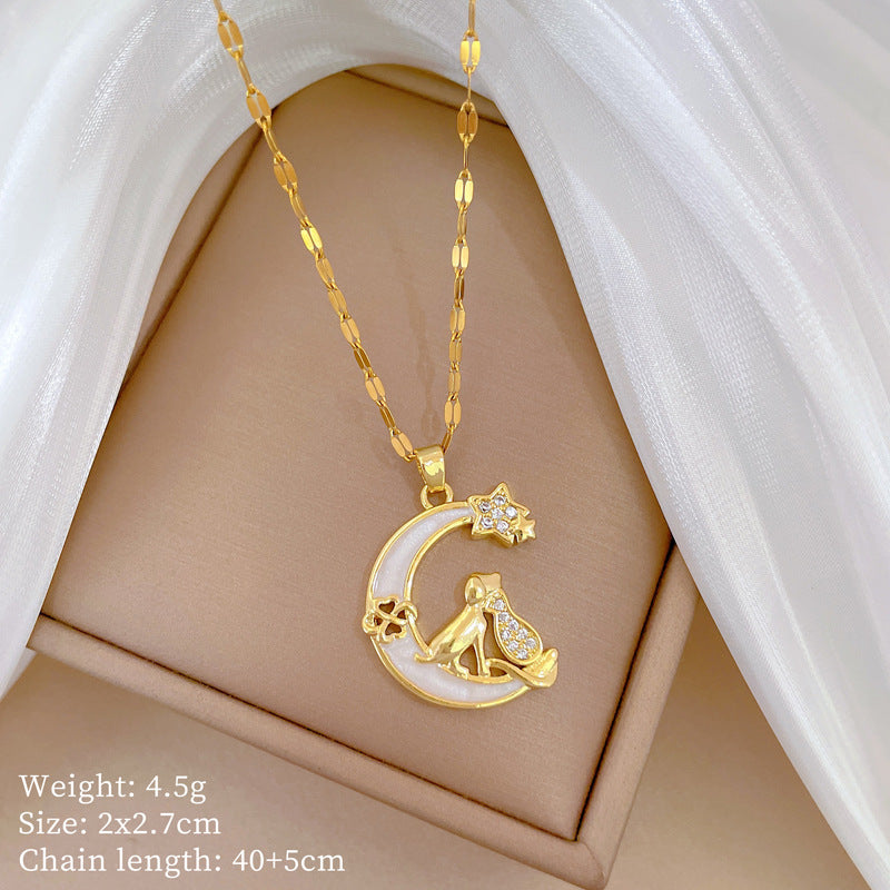 Minimalist Moon-Shaped Titanium Steel Necklace with Zircon Inlay for Women and Men, Delicate Clavicle Chain