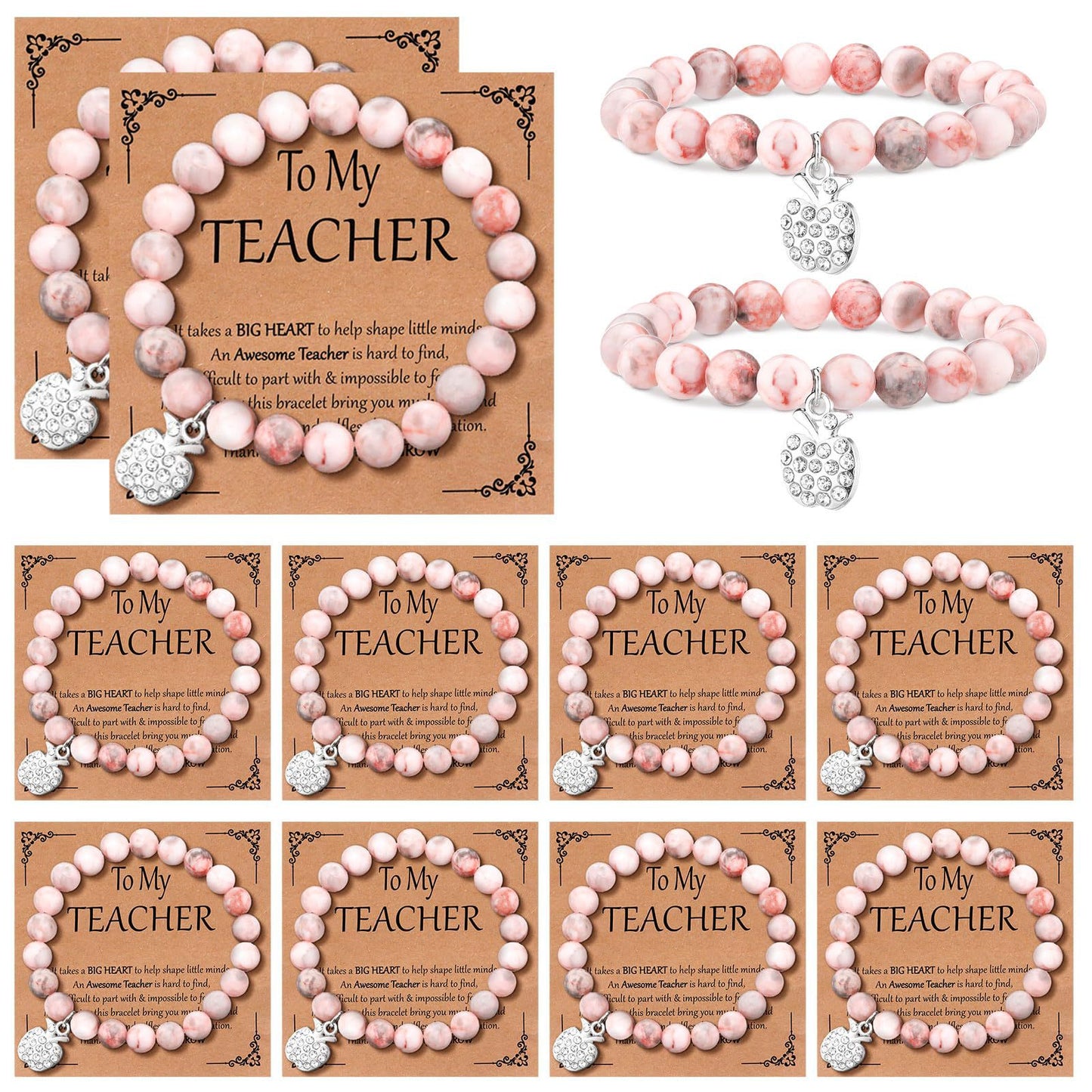 Sweet Natural Pink Zebra Print Crystal Heart Pendant Beaded Bracelet Set Unisex