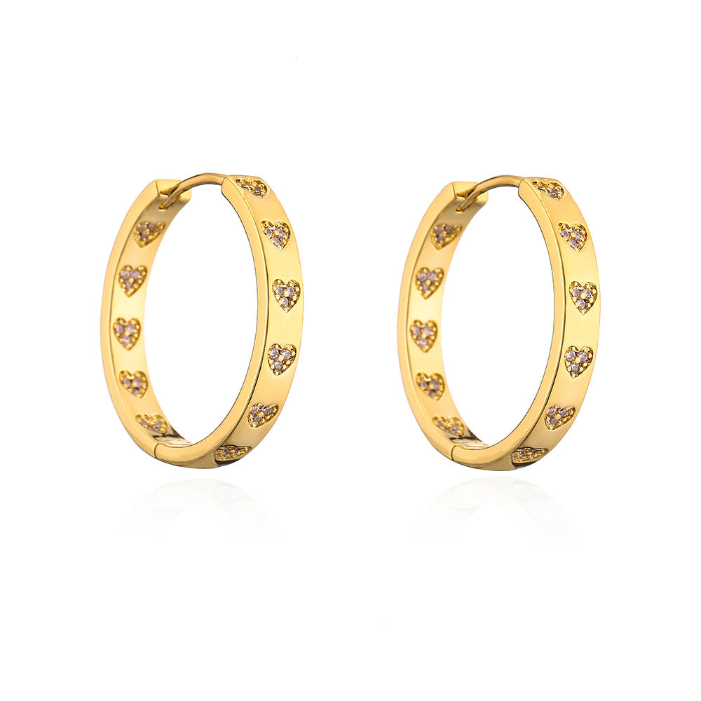 Orecchini a Cerchio Geometrici in Rame d'Ispirazione Vintage con Placcatura in Oro 18K e Accento a Cuore in Zirconia Cubica da Donna