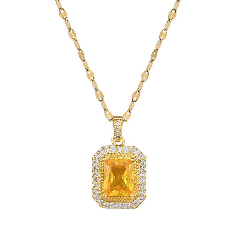 Minimalist Sweet Square Geometric Titanium Steel Necklace with Brass Pendant Inlaid with Cubic Zirconia Floral Design