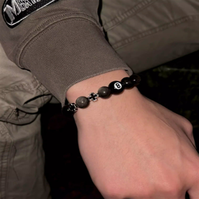 Geometric Cross Obsidian and Cat's Eye Beaded Bracelet