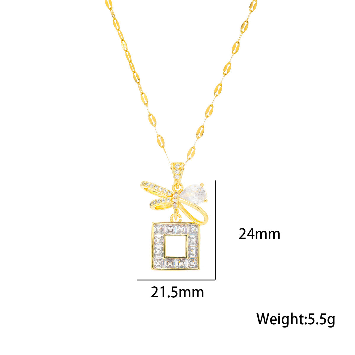 Collana Minimalista con Pendente a Fiocco per Donna in Acciaio al Titanio con Intarsio di Strass e Finitura Galvanizzata su Catena Ondulata