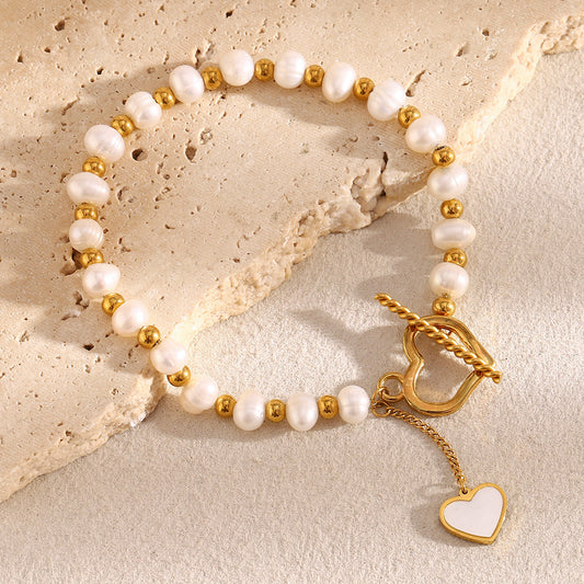 Minimalist Geometric Stainless Steel Plated 18K Gold Pearl Heart Clasp Bracelet for Women