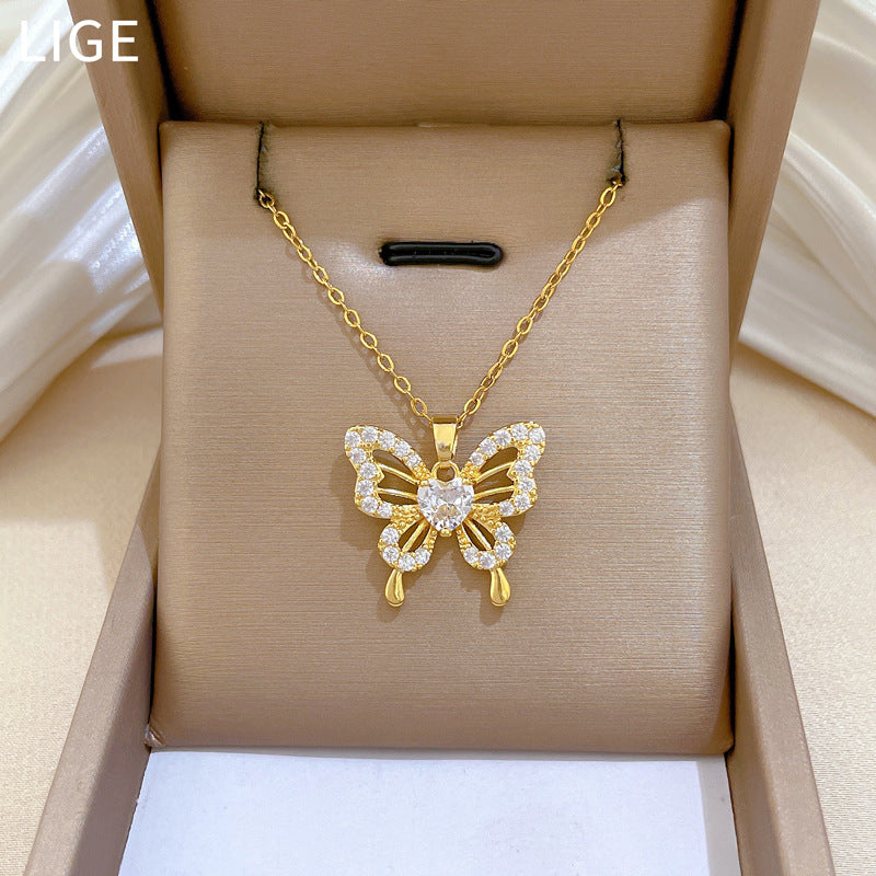 Sweet Minimalist Butterfly Cubic Zirconia Titanium Steel Necklace for Unisex
