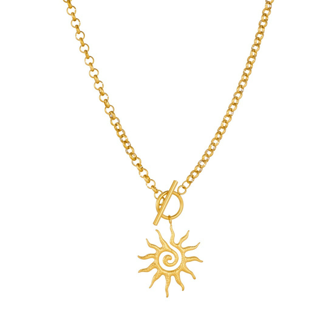 Vintage Gold Plated Geometric Sun Spiral Pendant Stainless Steel Cable Chain Necklace for Women