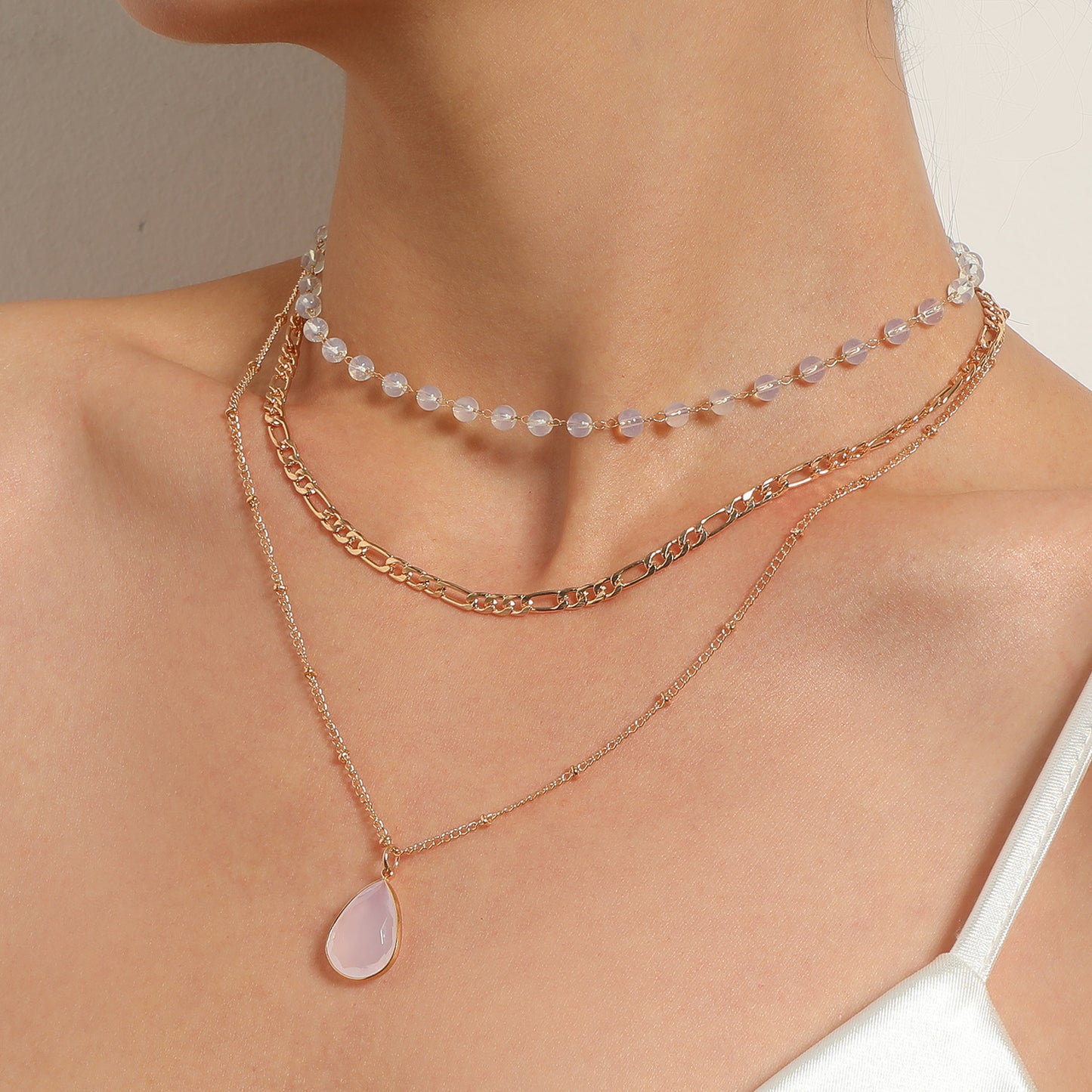 Geometric Mother-of-Pearl Pendant Necklace with Alloy Chain, Electroplated Finish, Adjustable Triple Strand Design