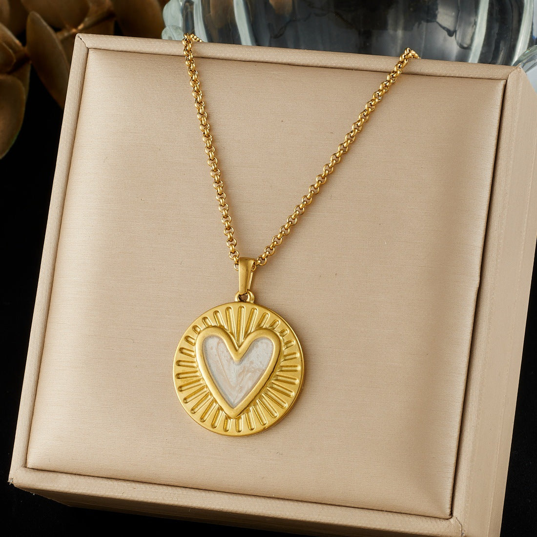 Gold Plated Drip Oil Heart Geometric Stainless Steel Pendant Box Chain Necklace for Women