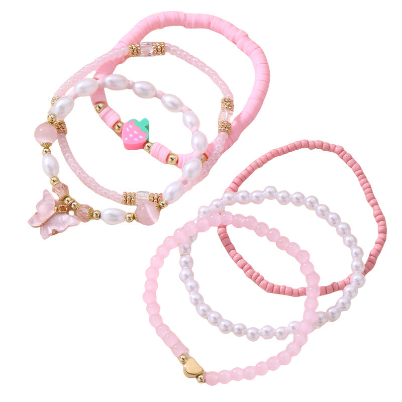 Juego de Pulseras Infantiles Hechas a Mano con Dijes de Mariposa y Fresa, Cuentas de Resina y Acentos de Cristal Blanco Estilo Princesa para Niñas de 6 a 10 Años