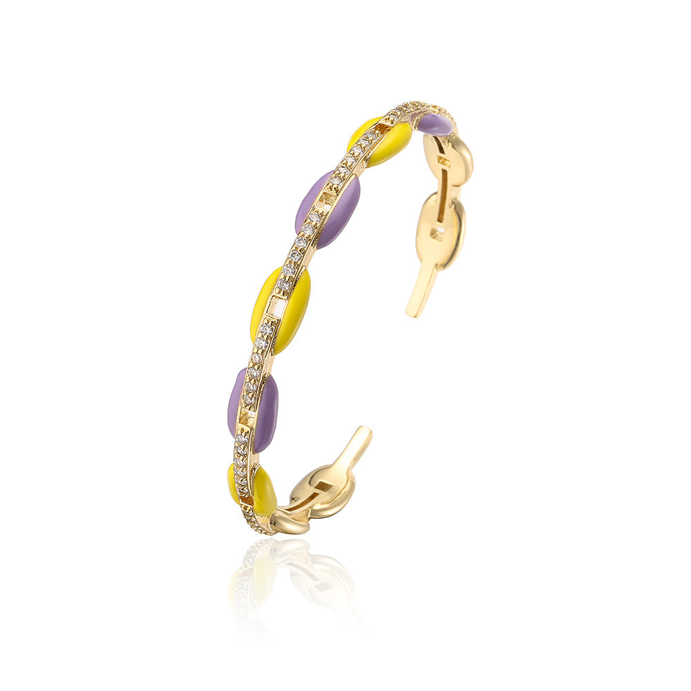 Ins Style Pig Nose Open Bangle Bracelet for Women in Copper with 18K Gold Plating and Colorful Enamel Zirconia
