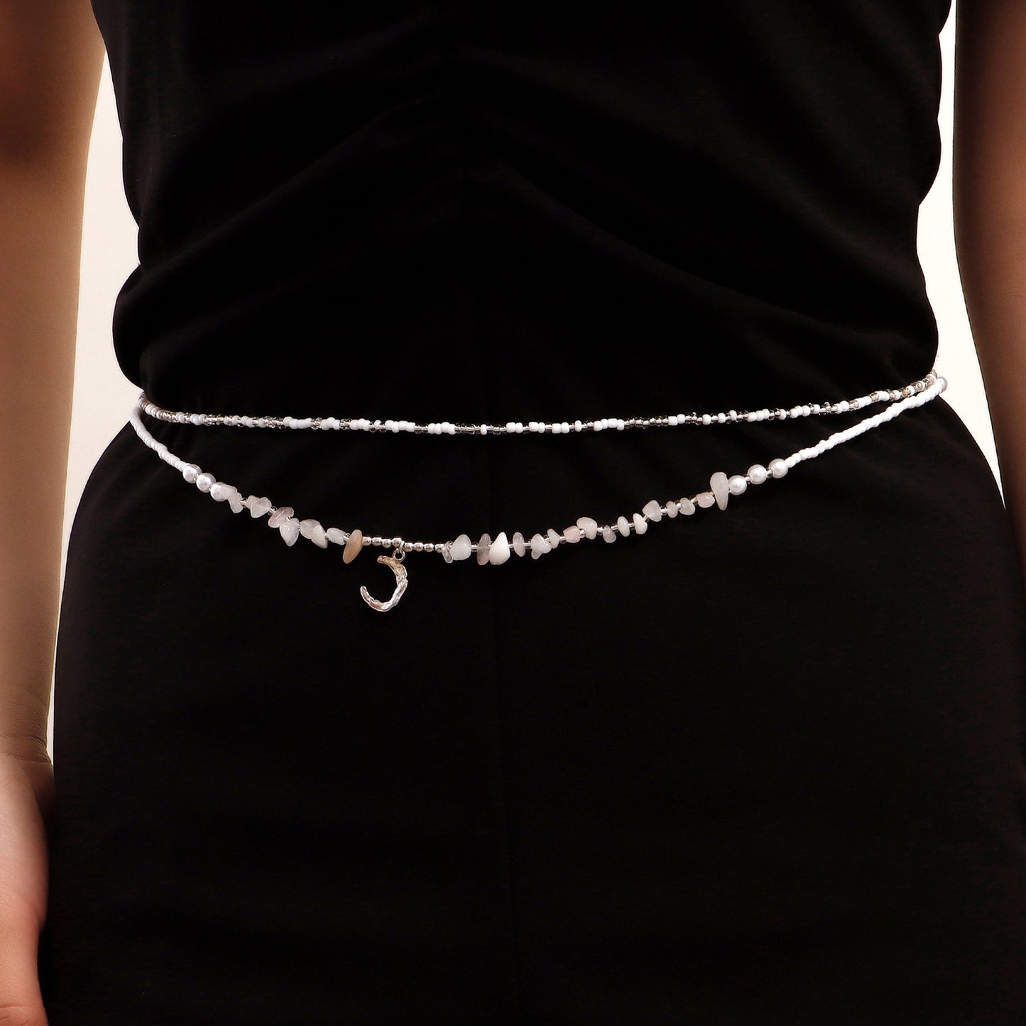 Bohemian White Beaded Moon-Shaped Waist Chain for Women Handwoven Double-Layer Crystal-Studded Summer Waist Jewelry