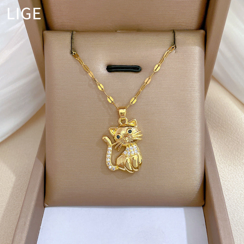 Collana Elegante di Lusso con Gatto Nero e Zirconi per Donne e Uomini, Girocollo con Ciondolo Geometrico in Acciaio al Titanio