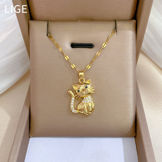 Black Cat Zircon Luxury Elegant Necklace for Women and Men Titanium Steel Geometric Pendant Choker