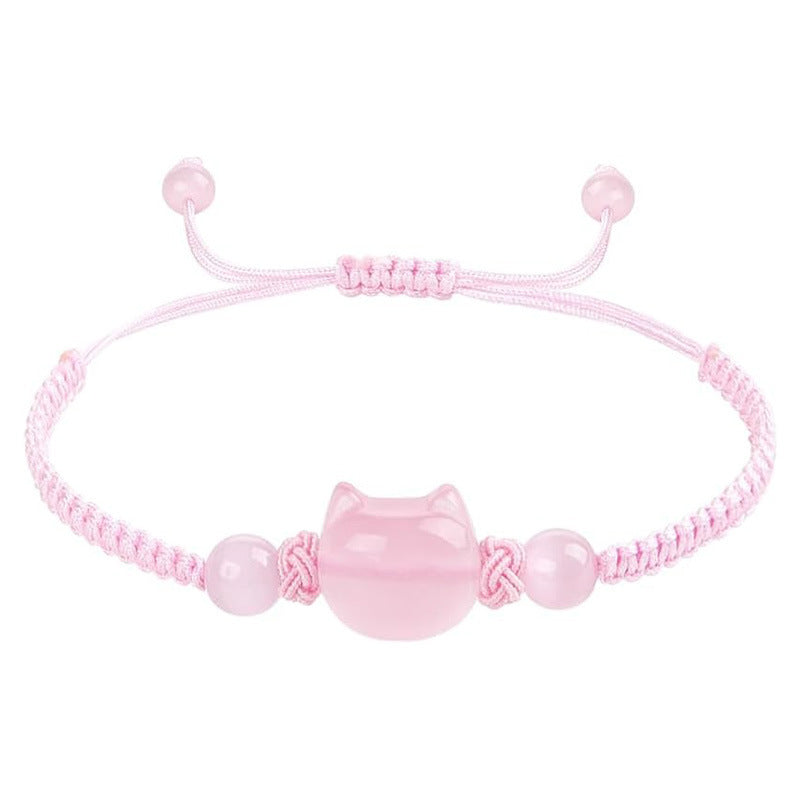Sweet Animal Cat Obsidian Pink Crystal Bracelet for Unisex